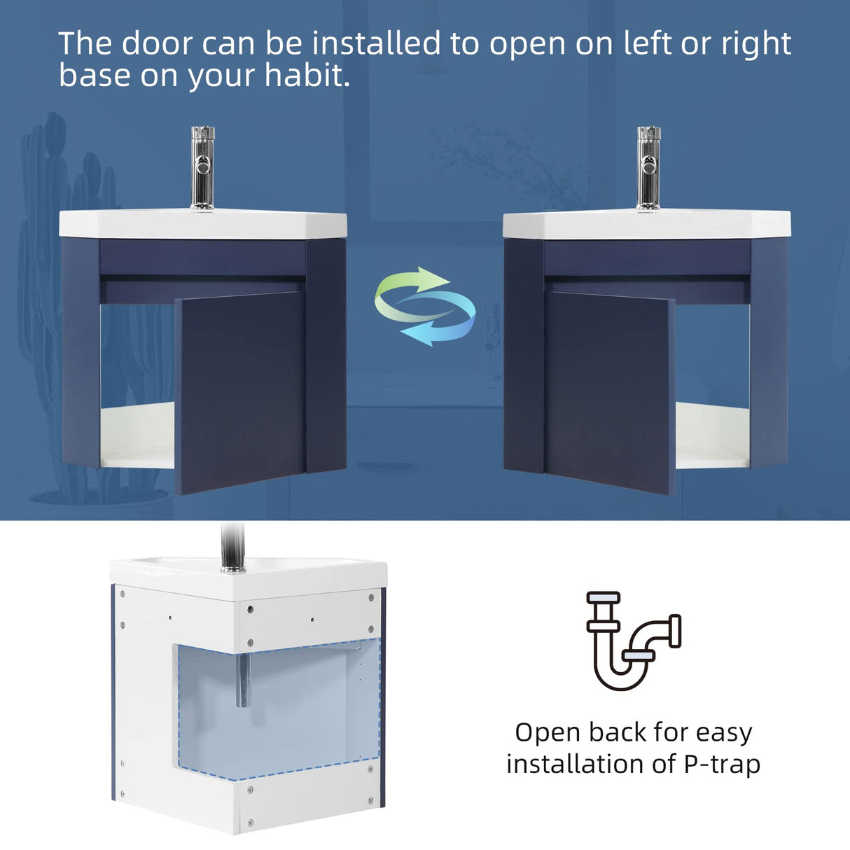 walsport 16" Corner Bathroom Vanity Floating Single Sink Combo for Small Space Wall Mounted Cabinet Set Design Resin Basin Sink Top Chrome Faucet and Drain,Blue walsport