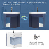 walsport 16" Corner Bathroom Vanity Floating Single Sink Combo for Small Space Wall Mounted Cabinet Set Design Resin Basin Sink Top Chrome Faucet and Drain,Blue walsport