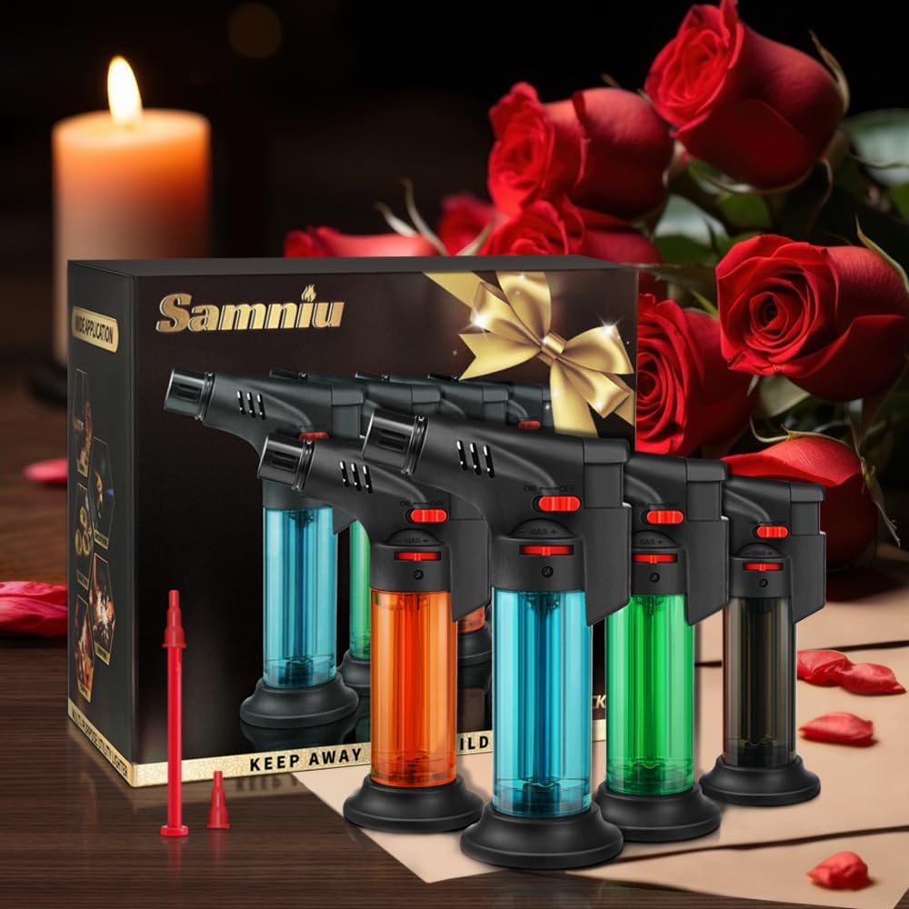 Samniu 4 Pack of Torch Lighter, Jet Flame, Butane gas, Mini Refillable Windproof Lighters, for candle, fireplace, grill (Gas not Included) Samniu