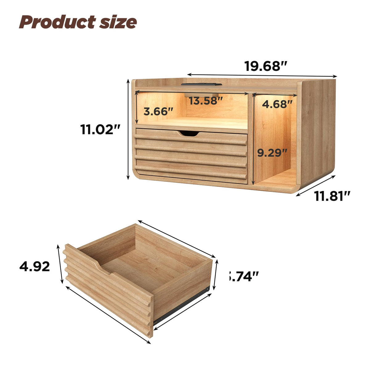 Maupvit Wood Floating Nightstand Set of 2, Wall Mounted Night Stand with Drawer and Charging Station, Bedside Table with Open Shelf, Led Nightstand for Bedroom Maupvit