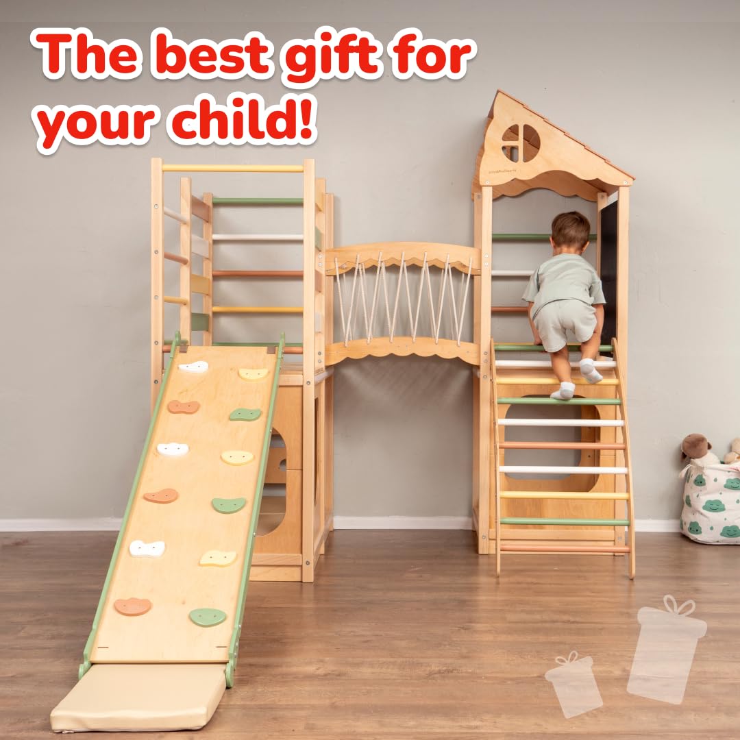 Woodandhearts Toddler Indoor Playground, Indoor Playground for Kids, Jungle Gym for Kids Ages 2-6, Kids Playground Wooden Jungle Gym, Baby Playground Indoor, Toddler Slide playset Wood And Hearts