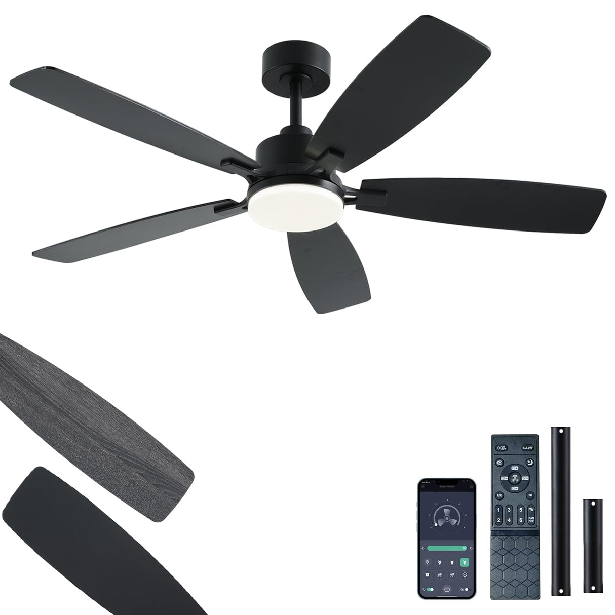 NKPU 52 Inch Ceiling Fans with Lights and Remote/App Control, Low Profile Ceiling Fan with 2 Downrods, DC Reversible, Dimmable, Dual-Sided Blades Modern Black Ceiling Fan for Bedroom Livingroom NKPU