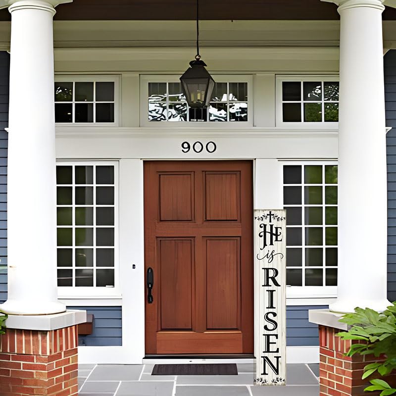 Houseuse He Is Risen Porch Sign 8x48" Easter Decorations Religious Easter Cross Decor Hanging Farmhouse Wooden Jesus Spring Vertical Wooden Sign Home Front Door Wall Spring Decor, CTXS2312230X06Q Houseuse