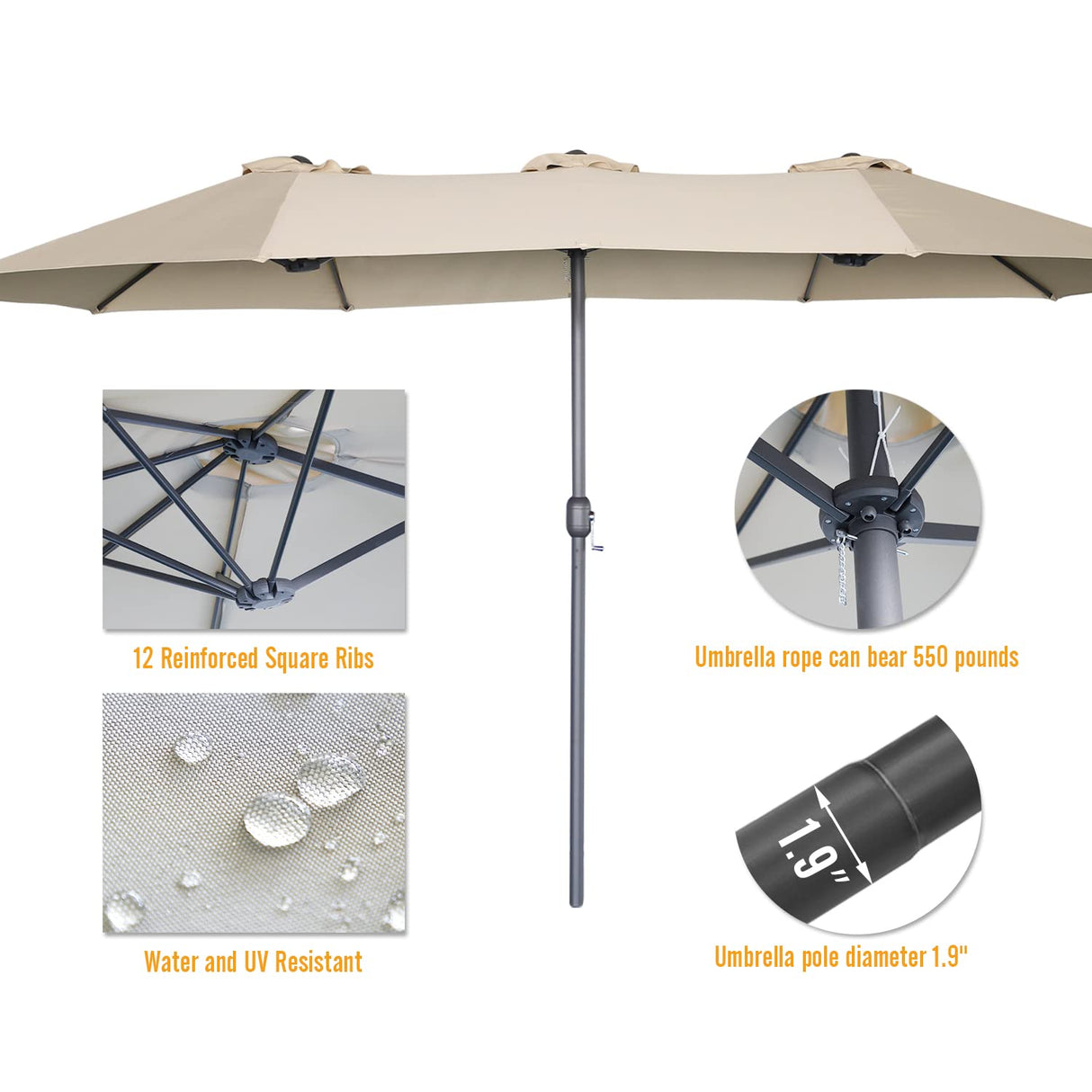 AECOJOY 15x9ft Double-Sided Patio Umbrella Outdoor Market Umbrella Large Umbrella Table Umbrellas with Crank Air Vents for Deck Pool Patio (1.9" Pole, Beige) AECOJOY