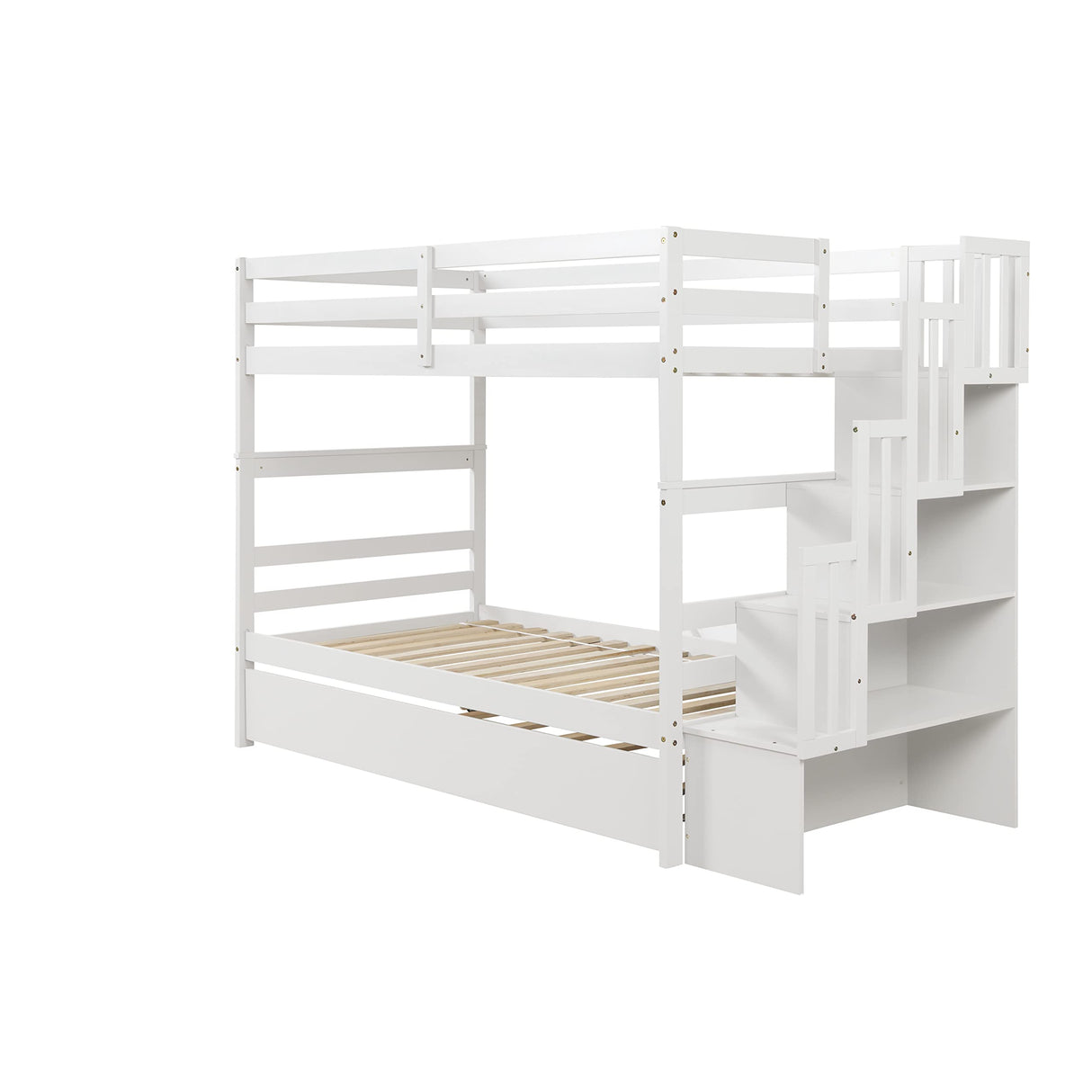 NicBex Twin Over Twin Bunk Beds with Twin Trundle, Kids Bunk Beds Twin Size Loft Bed Frame with Trundle & Stairway Storage Function & Wood Slats Support, Wood Twin Loft Bed for Kids Loft, White NicBex