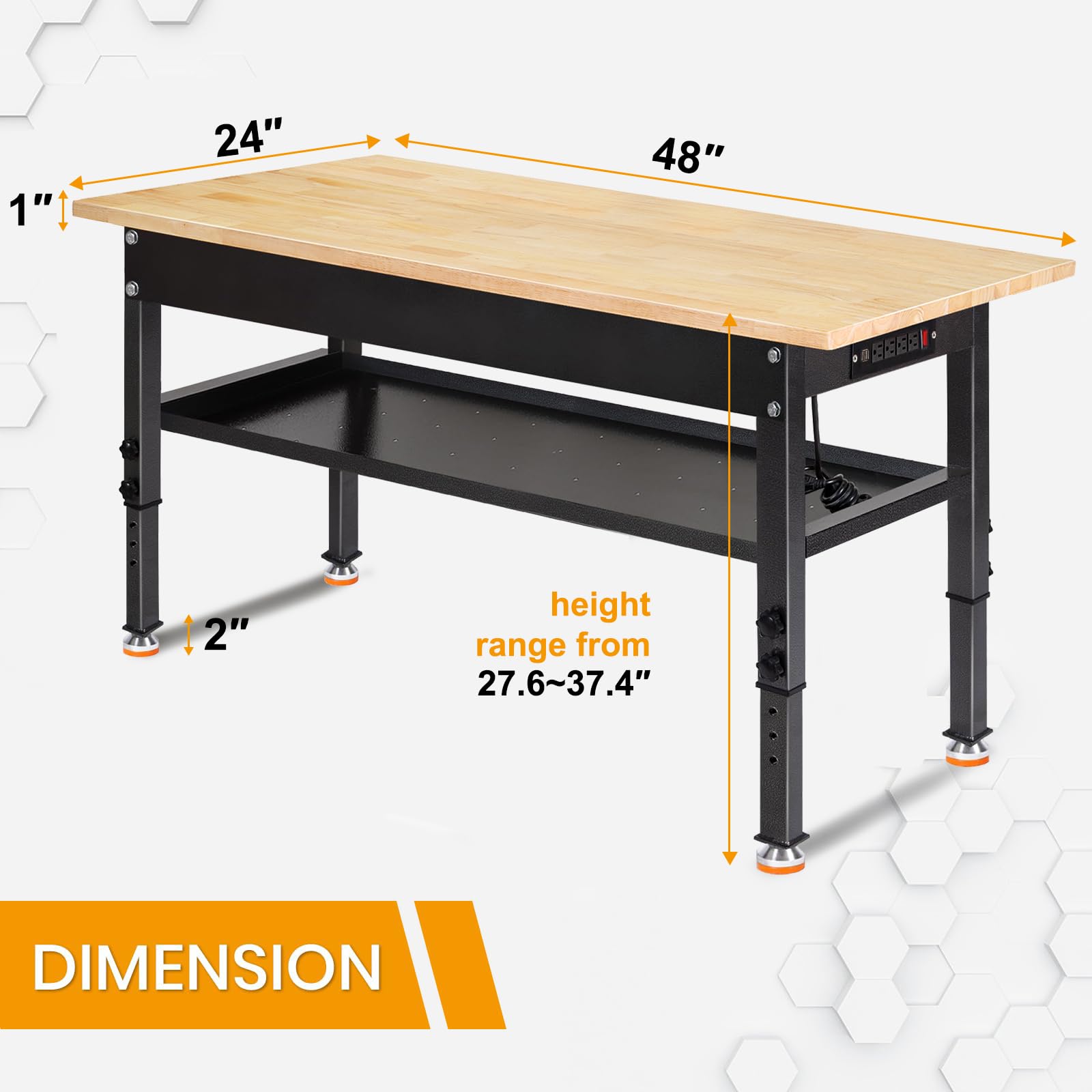 48"/60'' Adjustable Workbench, Rubber Wood Top Work Bench Heavy-Duty Work Table w/Power Outlet, Partition,2000 LBS Load Capacity Work Benches for Garage, Workshop, Home, Office, Easy Assembly - WoodArtSupply