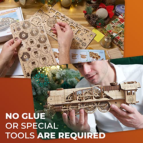 UGEARS 3D Puzzles for Adults - V-Express Steam Train with Tender Idea- 3D Wooden Puzzle Model Kits for Adults and Teens Building Kit Wooden Model Kits UGEARS