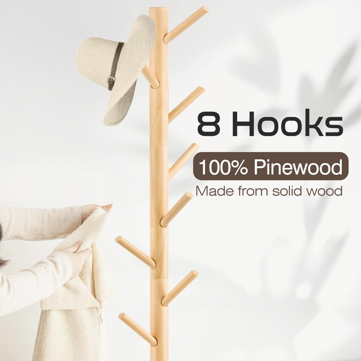WANGMUXIA Coat Rack, Freestanding Coat Rack with 8 Hooks and 3 Adjustable Size Tree Coat Racks for Bedroom, Hallway, Entrance, Office, for Hats, Coats, Scarves, Handbags WANGMUXIA