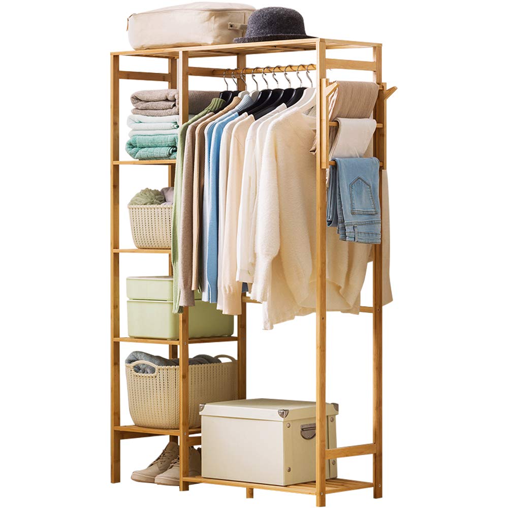 Ufine Bamboo Garment Rack 6 Tier Storage Shelves Clothes Hanging Rack with Side Hooks, Heavy Duty Clothing Rack Portable Wardrobe Closet Organizer Ufine