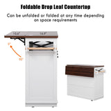 Farmhouse Kitchen Island with Beaded Drape, Rolling Kitchen Storage Cart on Wheels with Drop Leaf and Power Outlet, 3 Doors, 3 Drawers and Adjustable Shelves and Internal Storage for Dining Room MEETFAV