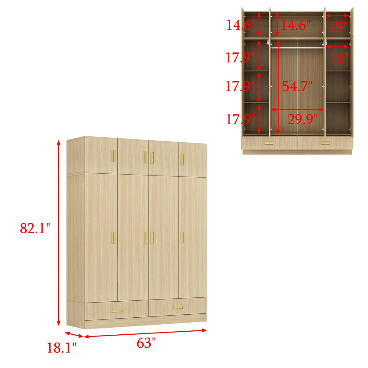 Hitow Armoire Wardrobe Closet with Hanging Rod, 2 Drawers & Shelves, 8-Door Wood Grain Wardrobe Closet with Top Cabinets, Free Standing Clothes Organizer Cabinet for Bedroom, Light Brown Hitow