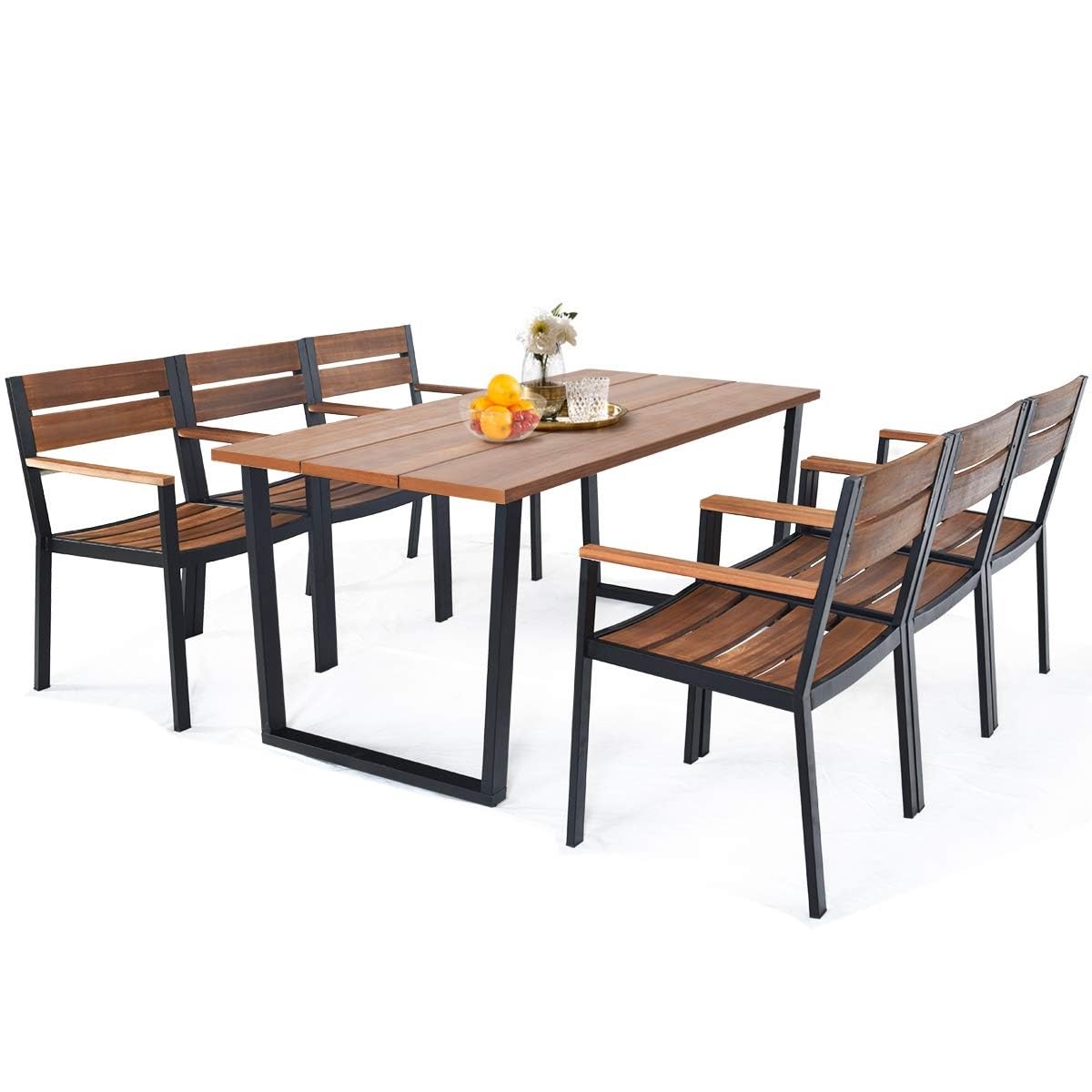 HAPPYGRILL 7 Piece Patio Dining Set Outdoor Dining Furniture with 6 Armchair Heavy Duty Steel Frame Acacia Wood Table Top Umbrella Hole Patio Furniture Set for Backyard Garden Poolside HAPPYGRILL