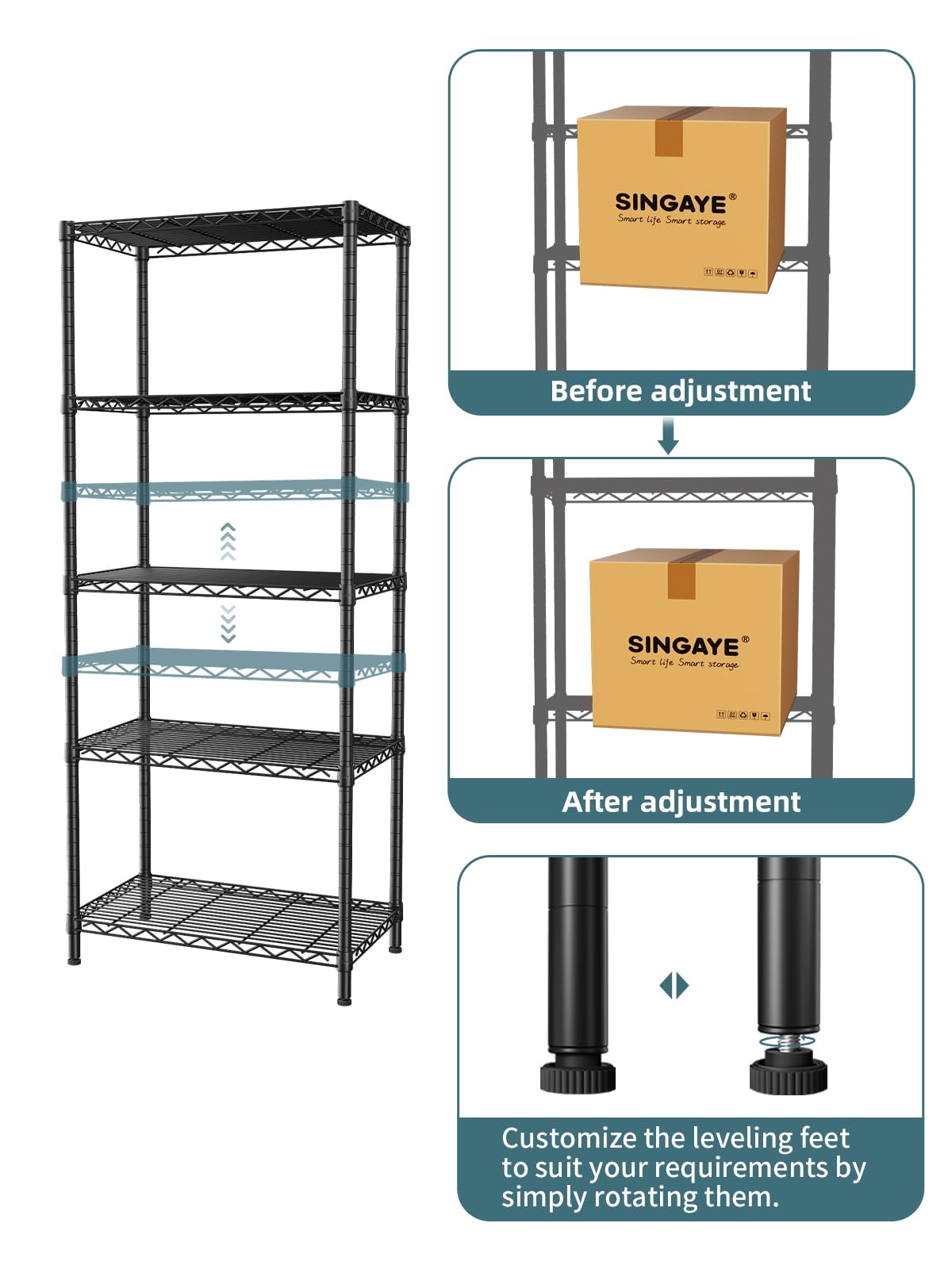 SINGAYE 5 Tier Storage Rack Wire Shelving Unit Storage Shelves Metal for Kitchen Laundry Pantry Closet 1000 Lbs Capacity 23.6" L x 14" W x 59.1" H Black