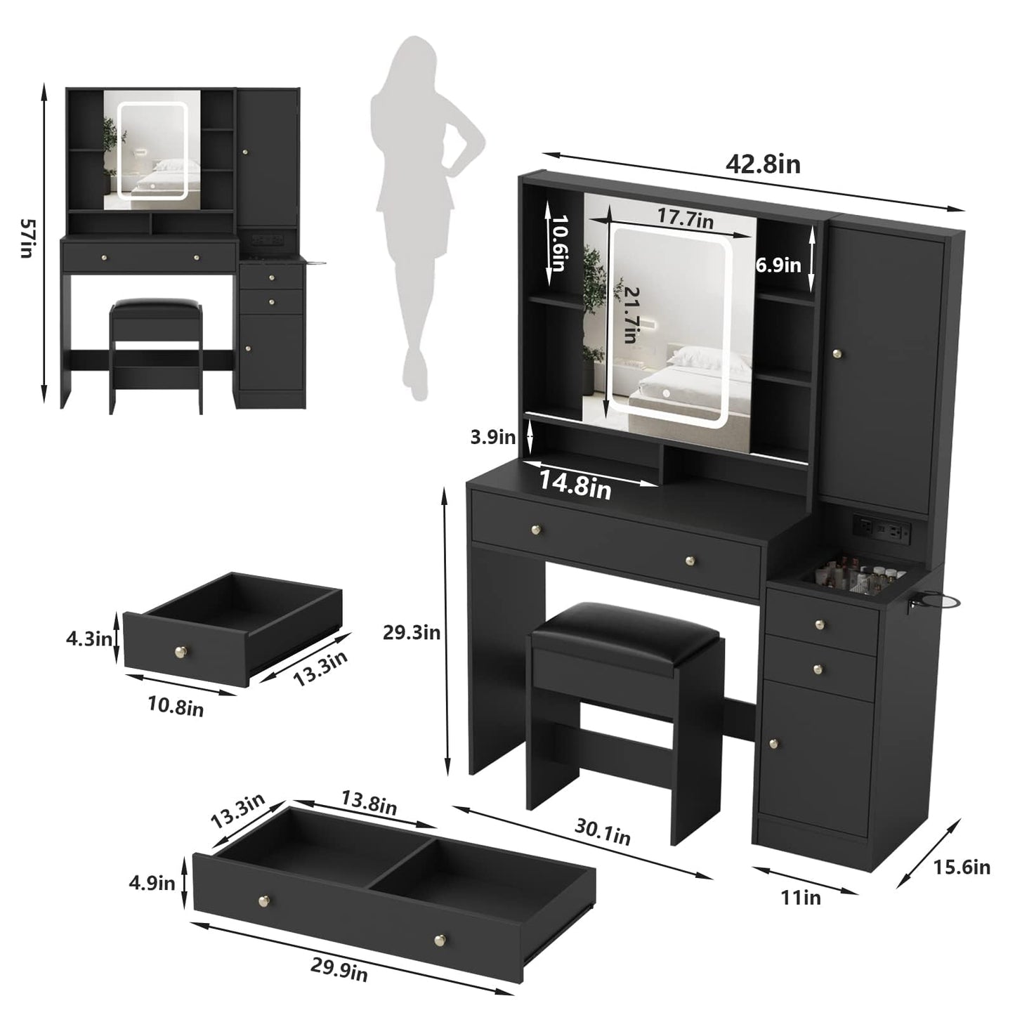 Vabches Vanity Desk with Mirror and Lights, Vanity Table Makeup Vanity with Lights 3 Drawers and Cabinets, Charging Station & Sliding Door, Lots Storage Shelves - WoodArtSupply