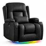 URRED Rocker Recliner Chair for Adults, 360° Swivel Glider Reclining Single Sofa with LED Ambient Light, Cup Holders and Side Pockets, Faux Leather Recliner for Living Room or Home Theater, Black URRED