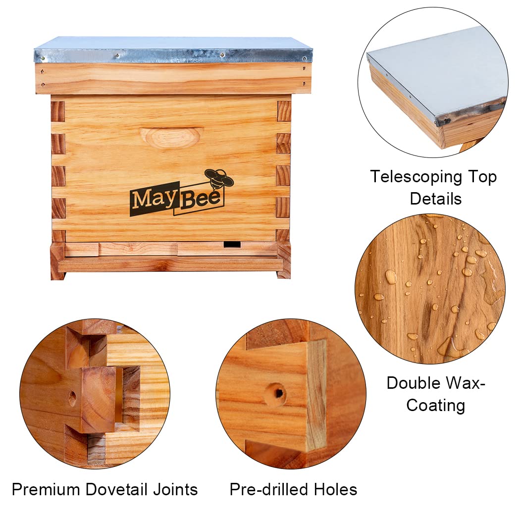 Beehive Starter Kit 8-Frame Bee Boxes and Frames Starter Kit Wax Coated Bee Hives and Supplies Starter Kit Including Beekeepig Tools Kit with Beekeeping Veil MayBee