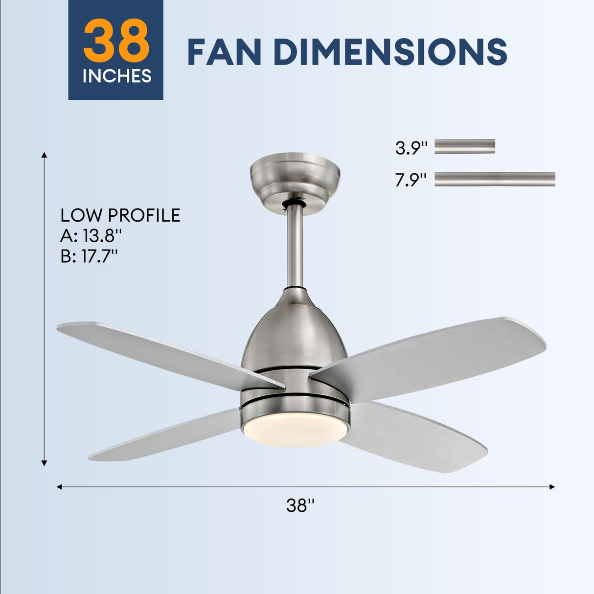 SNZ 38 Inch Flush Mount Ceiling Fans with Lights and Remote Control, Nickel Low Profile Ceiling Fan for Bedroom, Living Room,Office,Kitchen,Patios Indoor and Outdoor Use SNZ