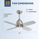 SNZ 38 Inch Flush Mount Ceiling Fans with Lights and Remote Control, Nickel Low Profile Ceiling Fan for Bedroom, Living Room,Office,Kitchen,Patios Indoor and Outdoor Use SNZ