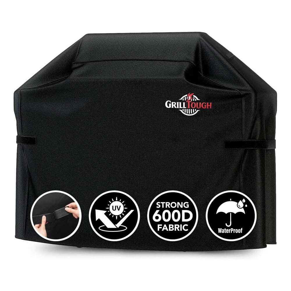 GrillTough Heavy Duty BBQ Grill Cover for Outdoor Grill, 58 Inch – Waterproof, Weather Resistant, UV & Fade Resistant with Adjustable Straps – Gas Grill Cover for Weber, Genesis, Charbroil, etc. Black GrillTough