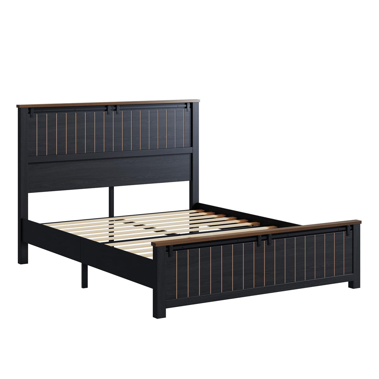 AMERLIFE Farmhouse Full Size Bed Frame with Sliding Barn Door, Wooden Rustic Platform Bed Frame with 47" Tall Headboard, Noise-Free, Solid Wood Slats & Metal Support, No Box Spring Needed, Dark Grey AMERLIFE