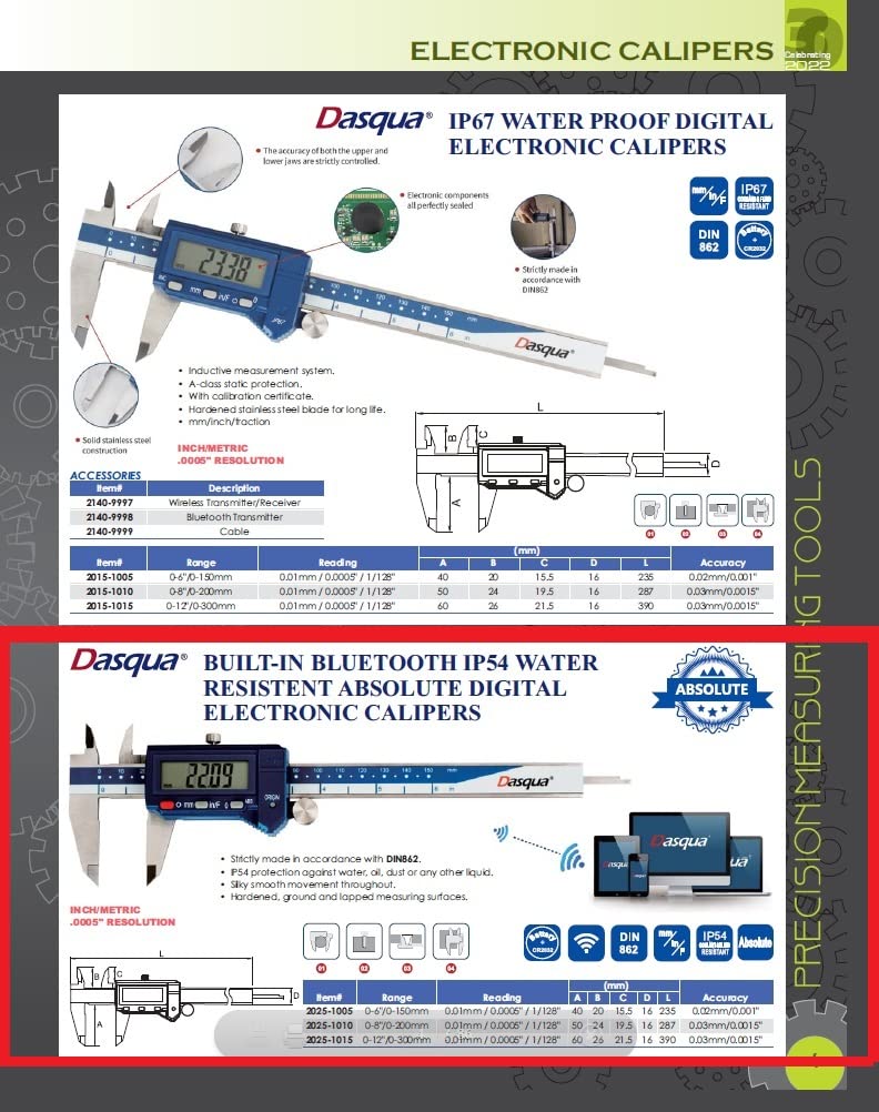 Dasqua 2025-1005 0-150mm/0-6" Bluetooth Absolute Digital Caliper Dasqua