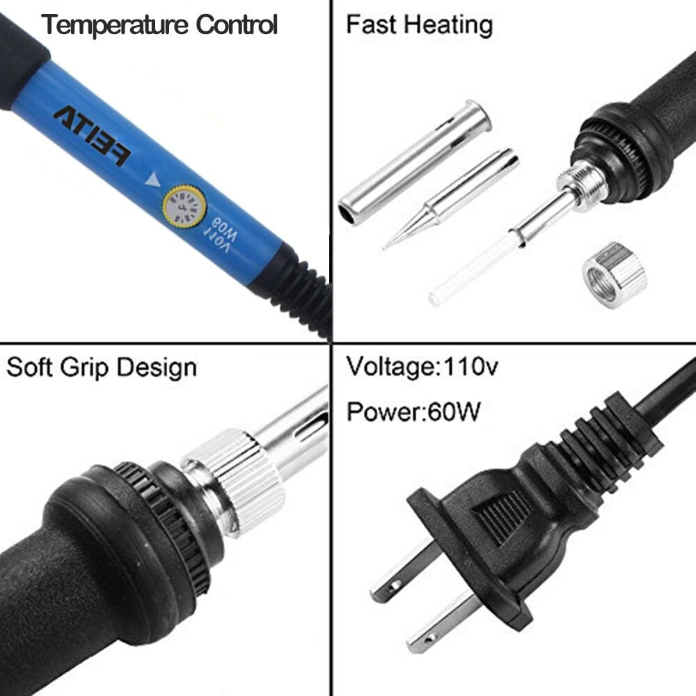 Soldering Iron Kit Electronics - FEITA Adjustable Temperature Solder Iron AC110V 60W with 5Pcs Different Solder Tips, Soldering Stand, Solder Wire for Variously Electronic Repair FEITA