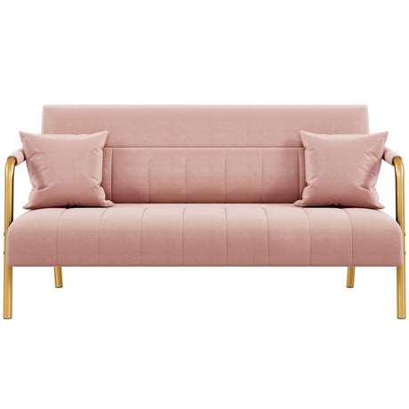 Yaheetech 56.5" W Modern Loveseat 2 Seater Sofa Luxurious Velvet Fabric Couch with Gold-Tone Metal Arms and Legs for Living Room, Home Office, Studio Pink Yaheetech