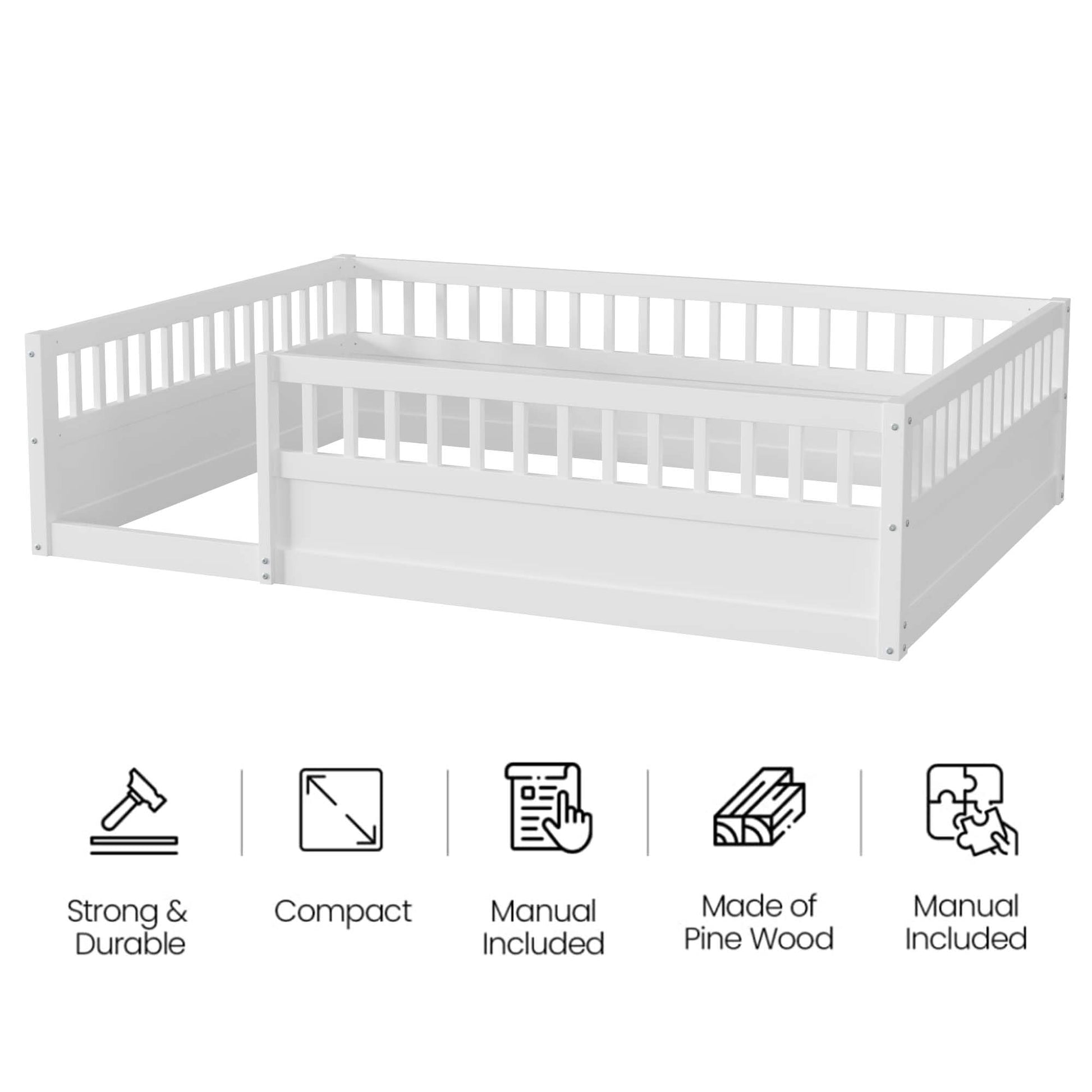 Mirightone Full Size Montessori Floor Bed with High Fence Rails in White for Kids - WoodArtSupply