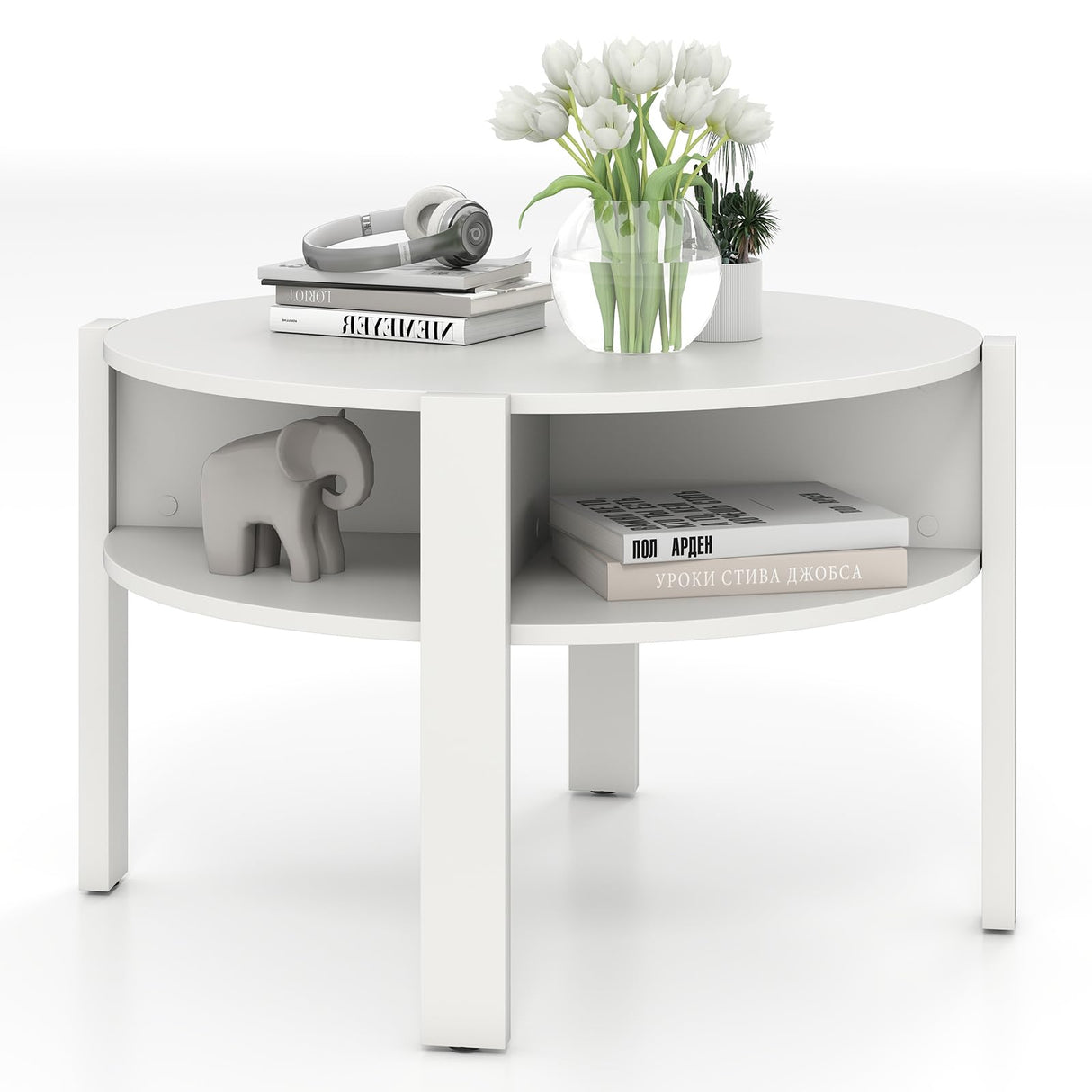 Giantex Round Coffee Table, 2-Tier Mid Century Modern Tea Cocktail Table with Storage Shelves & 4 Side Compartments, Wood Center Table for Living Room, Small Spaces (White) Giantex