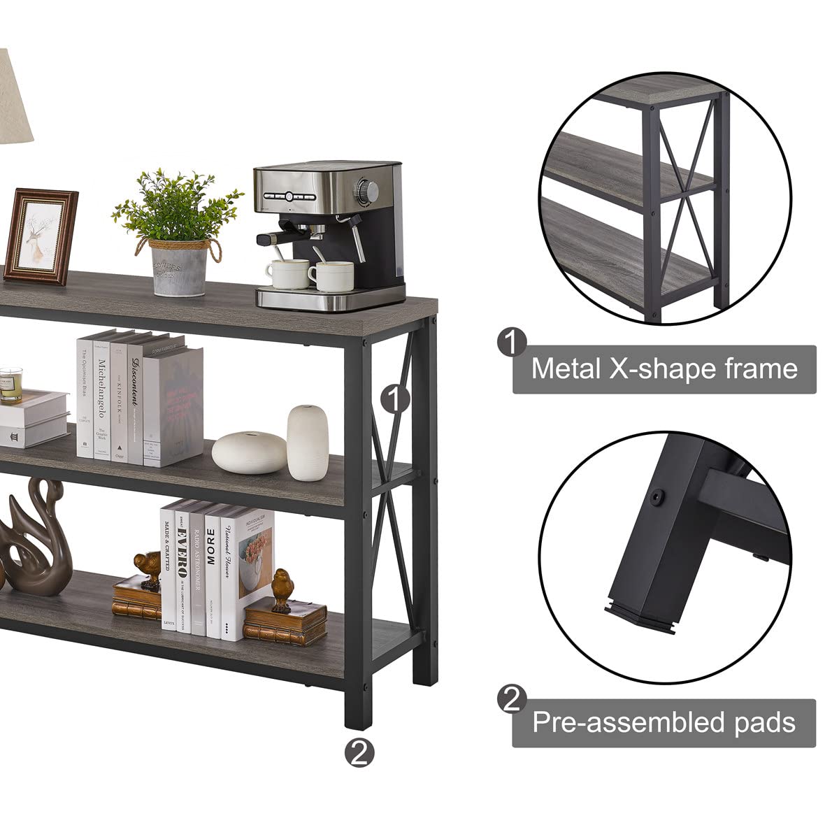 BON AUGURE Rustic Sofa Table Behind Couch, Industrial Console Tables for Entryway, 3 Tier Wood Shelves Entry Table with Storage for Foyer, Hallway, Front Door (47 Inch, Dark Grey Oak) BON AUGURE