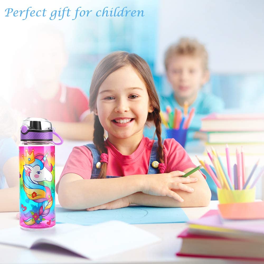 Cute Water Bottle for School Kids Girls, BPA FREE Tritan & Leak Proof & Easy Clean & Carry Handle, 23oz/ 680ml - Unicorn Home Tune