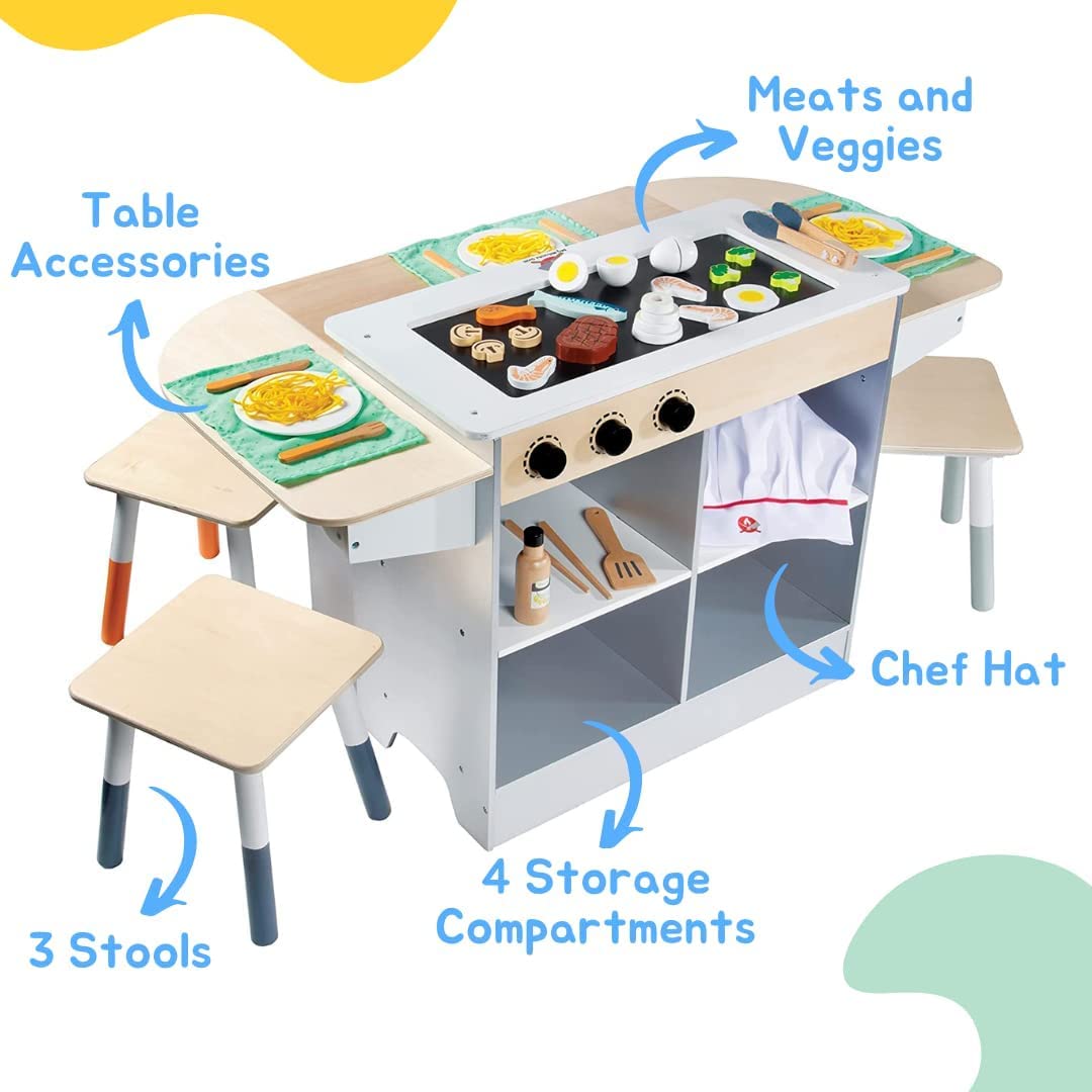 Hibachi Grill Wooden Kids Playset w/ Stools, Table Settings and Over 25 Toy Food Pieces - Noodles, Tongs, Meats, Veggies - Everything Your Little Chef Needs for Pretend Play Indoor Japanese Restaurant Svan