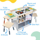 Hibachi Grill Wooden Kids Playset w/ Stools, Table Settings and Over 25 Toy Food Pieces - Noodles, Tongs, Meats, Veggies - Everything Your Little Chef Needs for Pretend Play Indoor Japanese Restaurant Svan