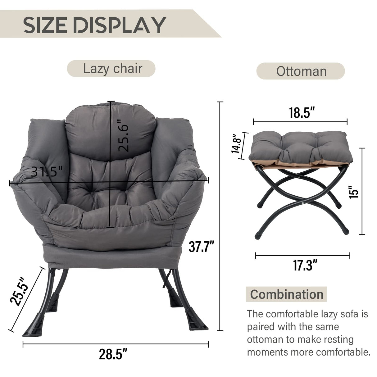 LITA Lazy Chair with Ottoman, Modern Accent Leisure Upholstered Sofa Chair, Contemporary Lounge Reading Chair with Armrests and a Side Pocket for Living Room, Bedroom & Small Space, Dark Grey LITA