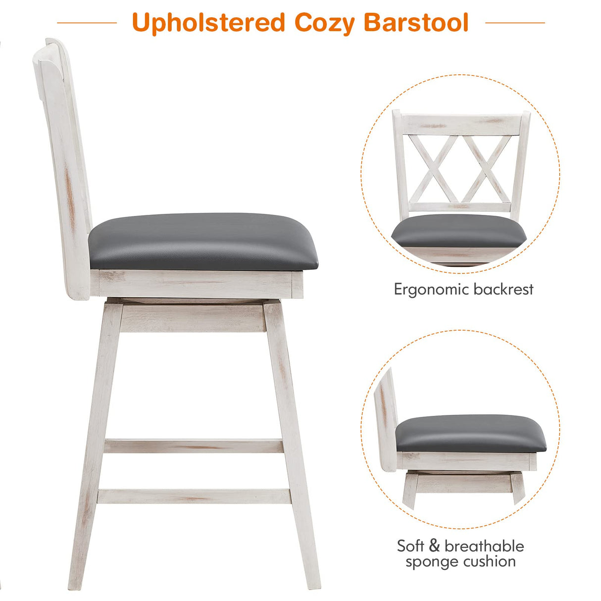 COSTWAY Bar Stool Set of 4, 360 ° Swivel Counter Height 25inch Bar Stool with Foot Rest Upholstered Cushion & Ergonomic Backrest, Sturdy Frame, for Pub, Restaurant, Home (4, Antique White + Grey) COSTWAY