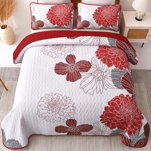 King Quilt Sets Red Floral Pattern Quilt Bedding Set, 3 Pieces Botanical Quilt Soft Microfiber Bedspread Coverlet Set, Boho Bed Cover Bedding Set for All Season(104" x 90) Anibedding