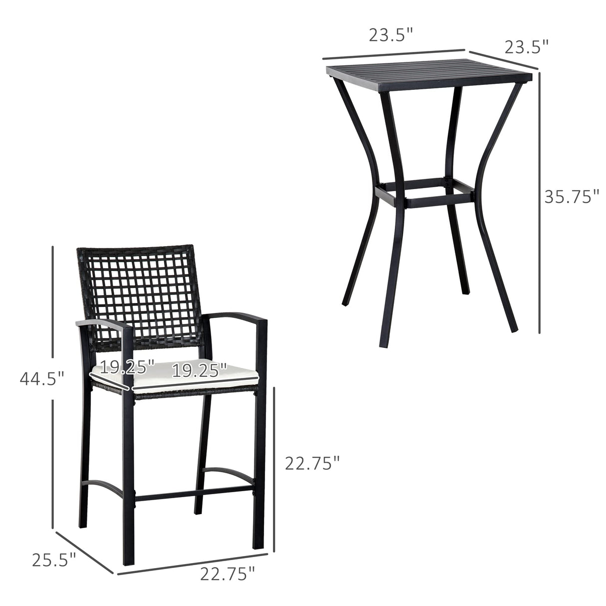 Outsunny 3pcs Patio Bar Set with Soft Cushion, Rattan Wicker Outdoor Furniture Set for Backyards, Lawn, Deck, Poolside Outsunny