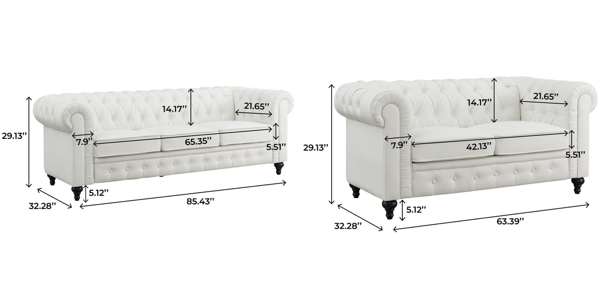 Naomi Home Chesterfield Sofa Set Loveseat & Sofa Living Room Chair Juegos Modern Leather Couch Sofa Chair for Bedroom Tufted Leather Sofa Chair for Living Room Love Seats Furniture Set - Off White Naomi Home