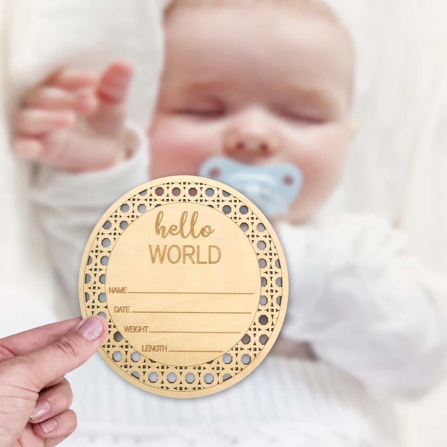 Rattan Hello World Newborn Sign, Wooden Baby Announcement Sign, Welcome Baby Sign, Baby Name Sign Birth Announcement Sign for Hospital Nursery Photo