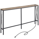 ELYKEN 5.9" Narrow Console Sofa Table with Power Outlets, 5.9" Dx63 Wx31.5 H Long Skinny Behind Couch Table with “X” Cross Metal Frame and Charge Station with 6.5’ Extension Cord, White Oak ELYKEN