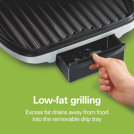 Hamilton Beach Electric Indoor Grill, 6-Serving, Large 90 sq. in. Nonstick Easy Clean Plates, Floating Hinge for Thicker Foods, 1200 Watts, 6.38"D x 12.68"W x 13.78"H , Silver (25371) Hamilton Beach