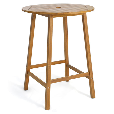 Tangkula 31.5” Natural Acacia Wood Round Patio Bar Table with Umbrella Hole Tangkula