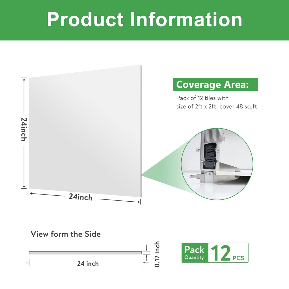 STICKGOO Smooth Drop Ceiling Tiles 2ft x 2ft, PVC Ceiling Tile 24 x 24in - Waterproof, Fire-Rated to Prevent Breakage - Package of 12 Tiles Cover 48 Sq. Ft, White STICKGOO