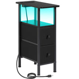 LOAKEKEL Narrow End Table Living Room with Charging Station, Skinny Side Table with Fabric Drawers, Slim LED Nightstand for Bedroom, Small Spaces, Couch, Black, HETNDP02LBK-1 LOAKEKEL