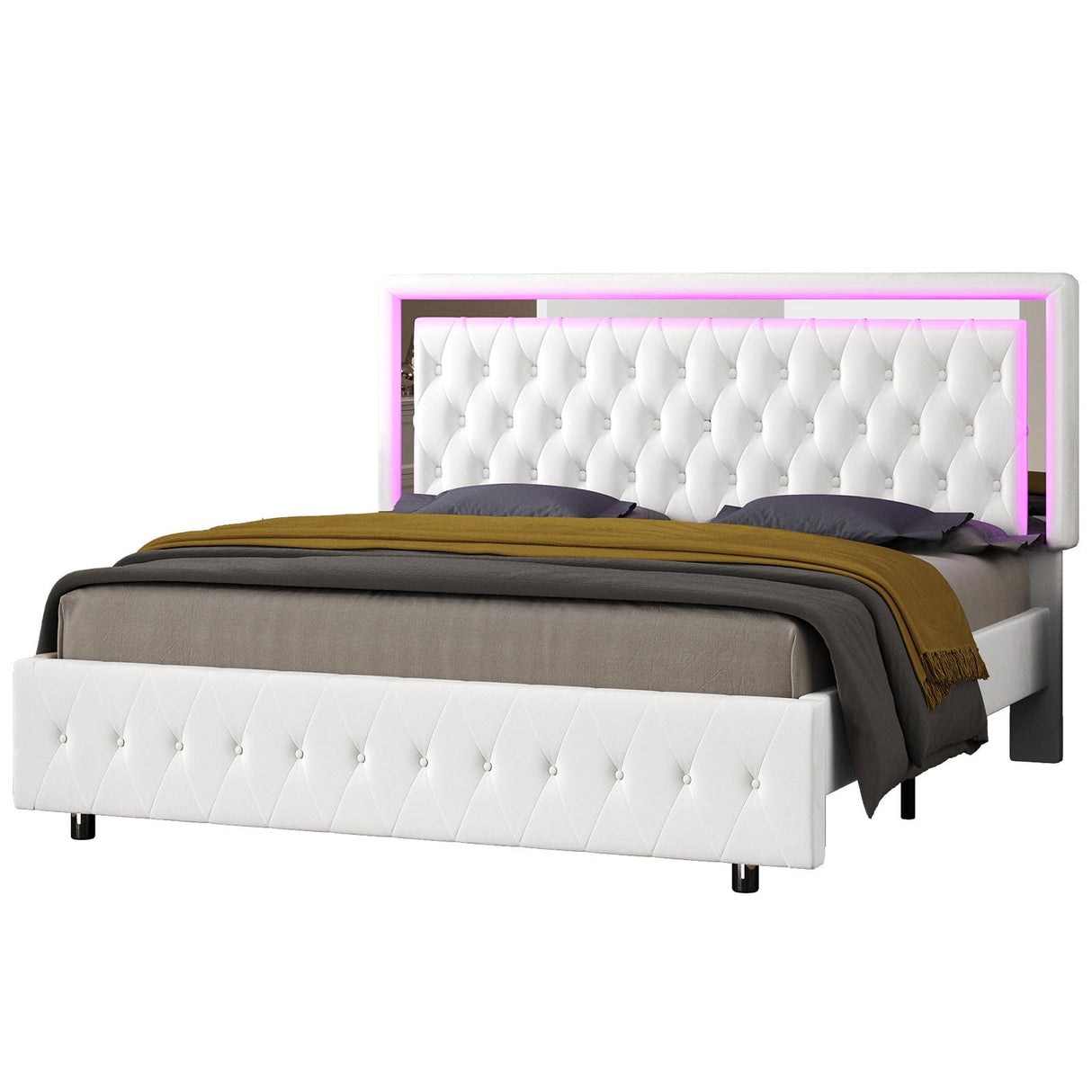 Jocisland Velvet Upholstered Queen Bed Frame with Adjustable LED Headboard & Footboard in White Jocisland