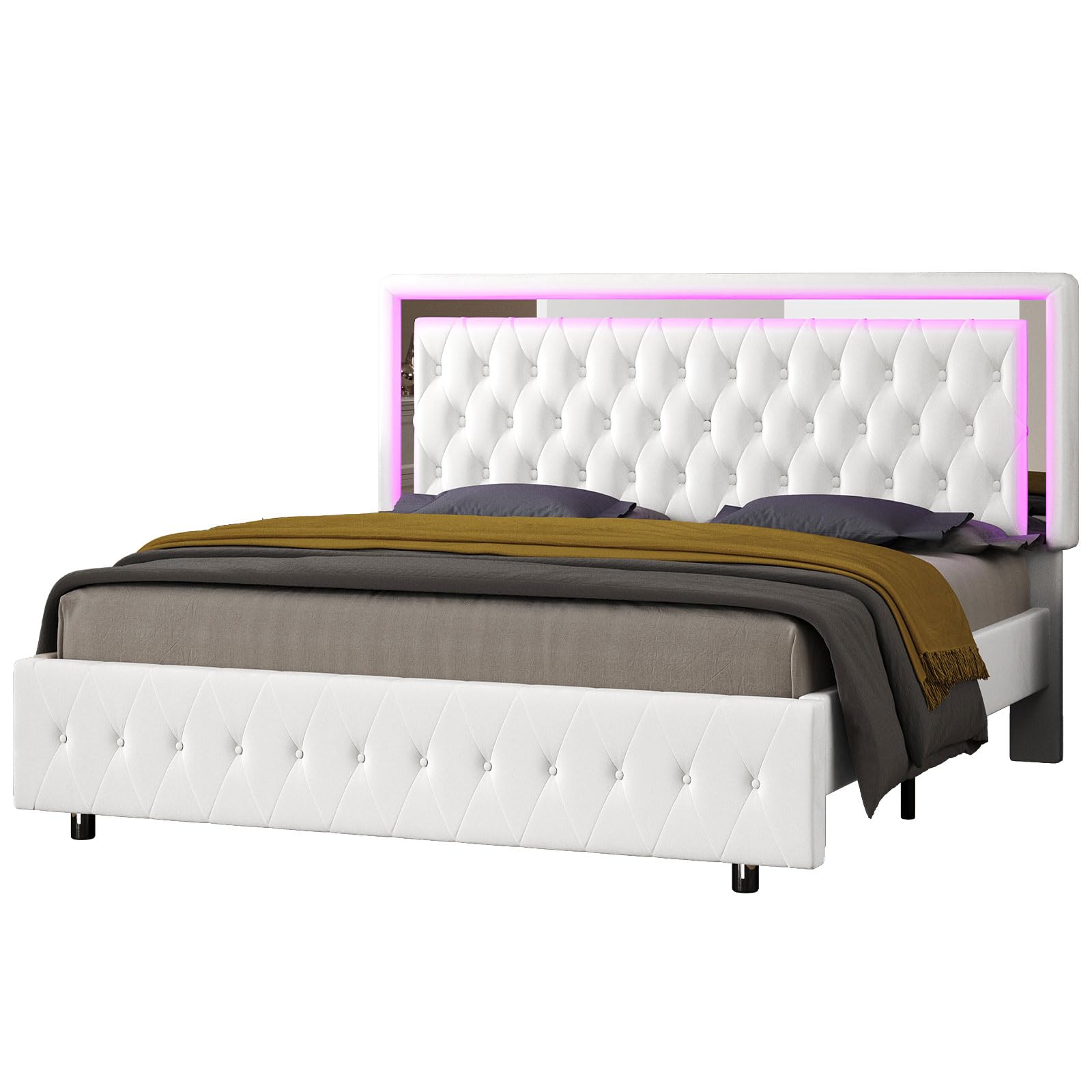 Jocisland Velvet Upholstered Queen Bed Frame with Adjustable LED Headboard & Footboard in White - WoodArtSupply