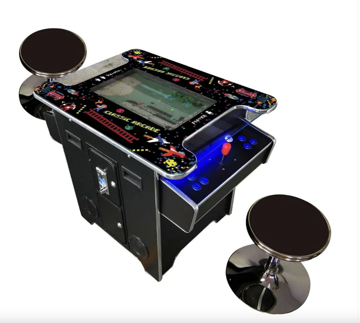 Top Us Video Arcades Full Size Commercial Grade Cocktail Arcade Machine 2 Player retro 412 Games 22" LCD Screen Tempered Glass 2 Stools Included 5 year Warranty Black TOP US VIDEO ARCADES