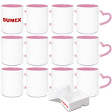 Sumex 11oz Set of 12 Sublimation Blanks Ceramic Coffee Mug with Heart Handle for Tea, Milk, Latte, Hot Cocoa,Pink Inner and Handle Sumex