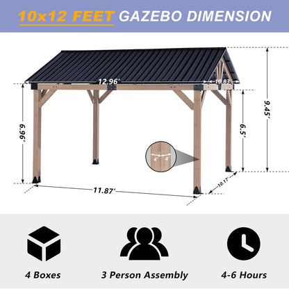 CHARMELEON 10x12 FT Wood Gazebo Outdoor – Hardtop Metal Roof Gazebo with Cedar Frame – Patio Gazebo for Wood Carport Use – Gable Roof Pavilion Gazebo para Patio, Backyard, Deck, Lawn and Gard - WoodArtSupply