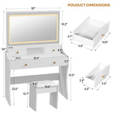COMHOMA Makeup Vanity Desk with Mirror and Lights, Vanity Table and Chair Set with 5 Drawers and Charging Station, Bedroom Dresser LED Mirror Stepless Dimmable & 3 Color Modes Adjustable, Pure White COMHOMA